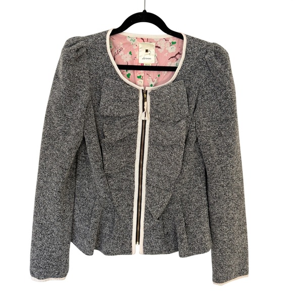 elevenses Jackets & Blazers - Anthropologie Elevenses Grey Tweed Peplum Zip Jacket Pink Floral Lining Size 6